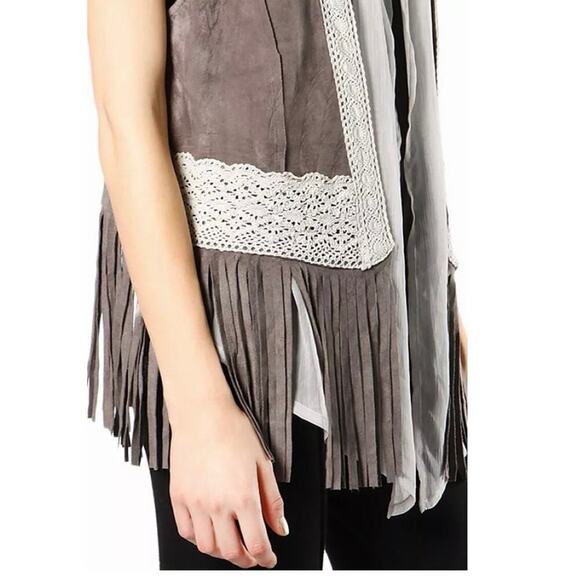 Ryu Boho Fringe Vest Sz Large Taupe Faux Suede Crochet Trim Festival Layering - Picture 5 of 11